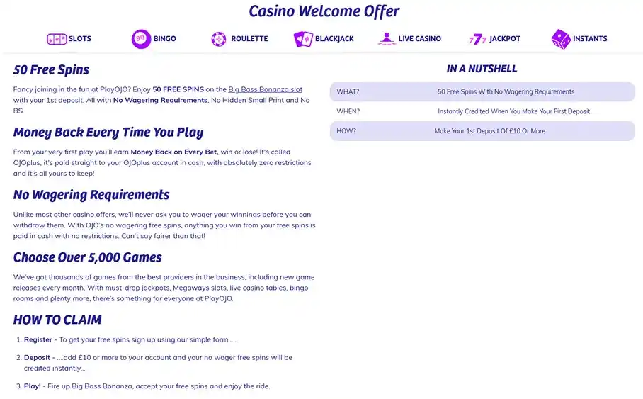 Current PlayOJO casino welcome offer showing 50 free spins and no wagering