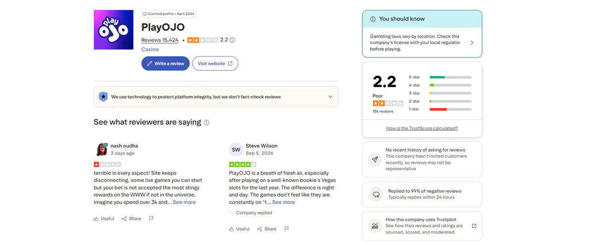Current PlayOJO Trustpilot profile showing rating, review count and merged-profile notice