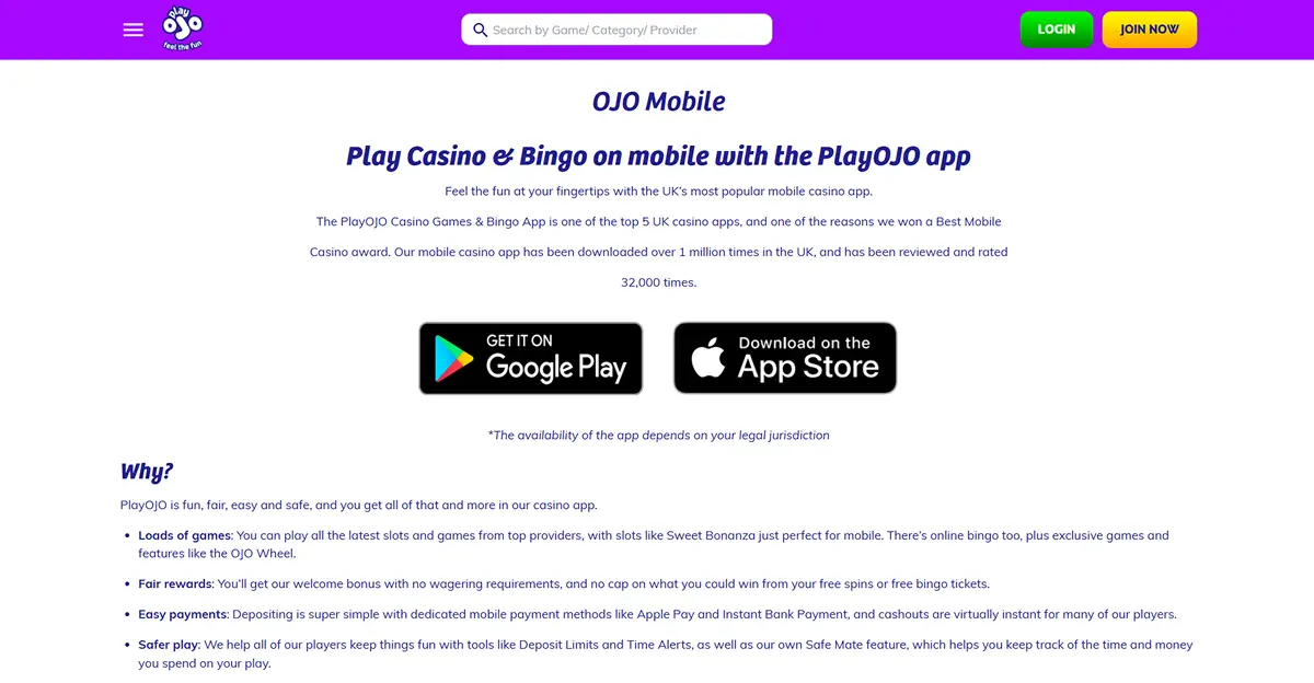 PlayOJO official mobile page showing current Apple and Android app options