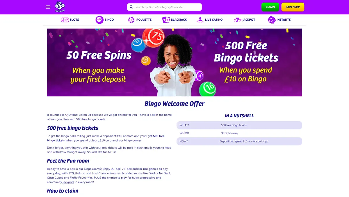 PlayOJO bingo welcome page showing the current bingo offer and room branding