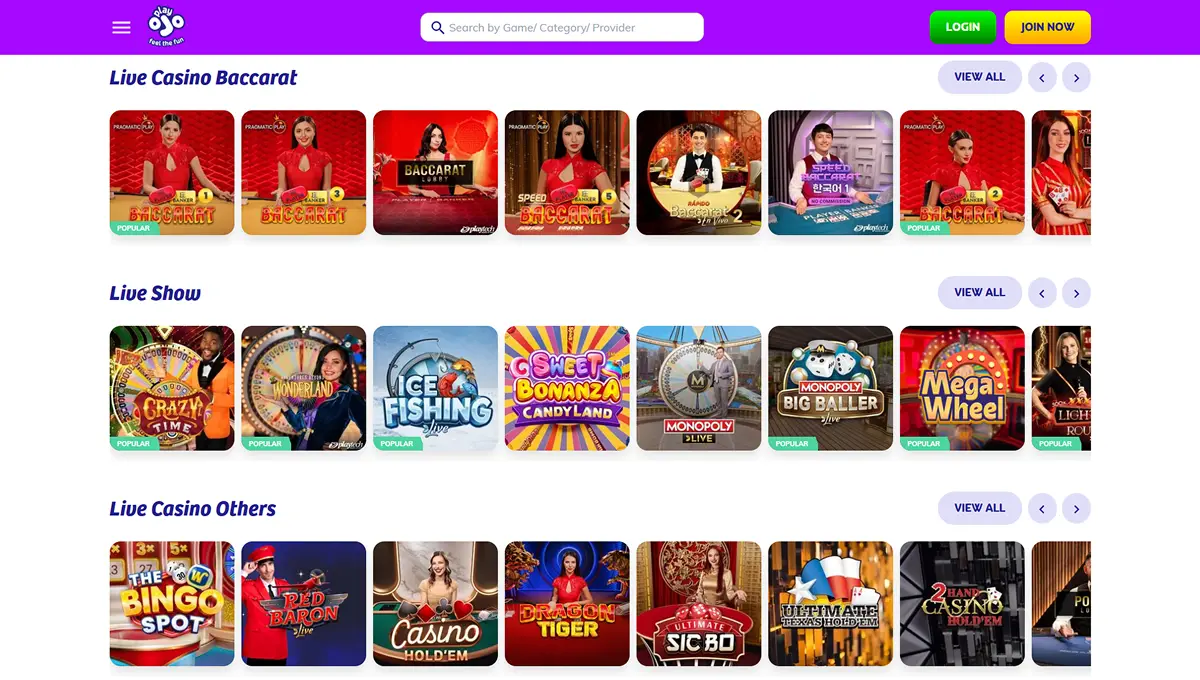 PlayOJO live casino page showing current live dealer presentation