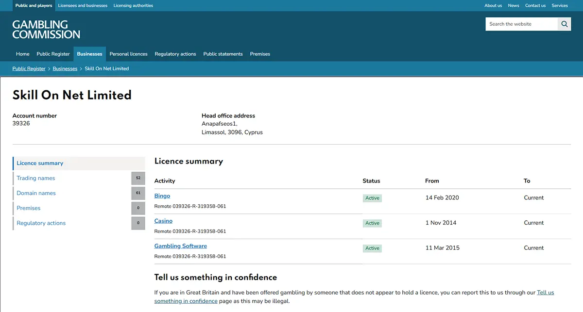 UK Gambling Commission licence record for Skill On Net Limited and PlayOJO