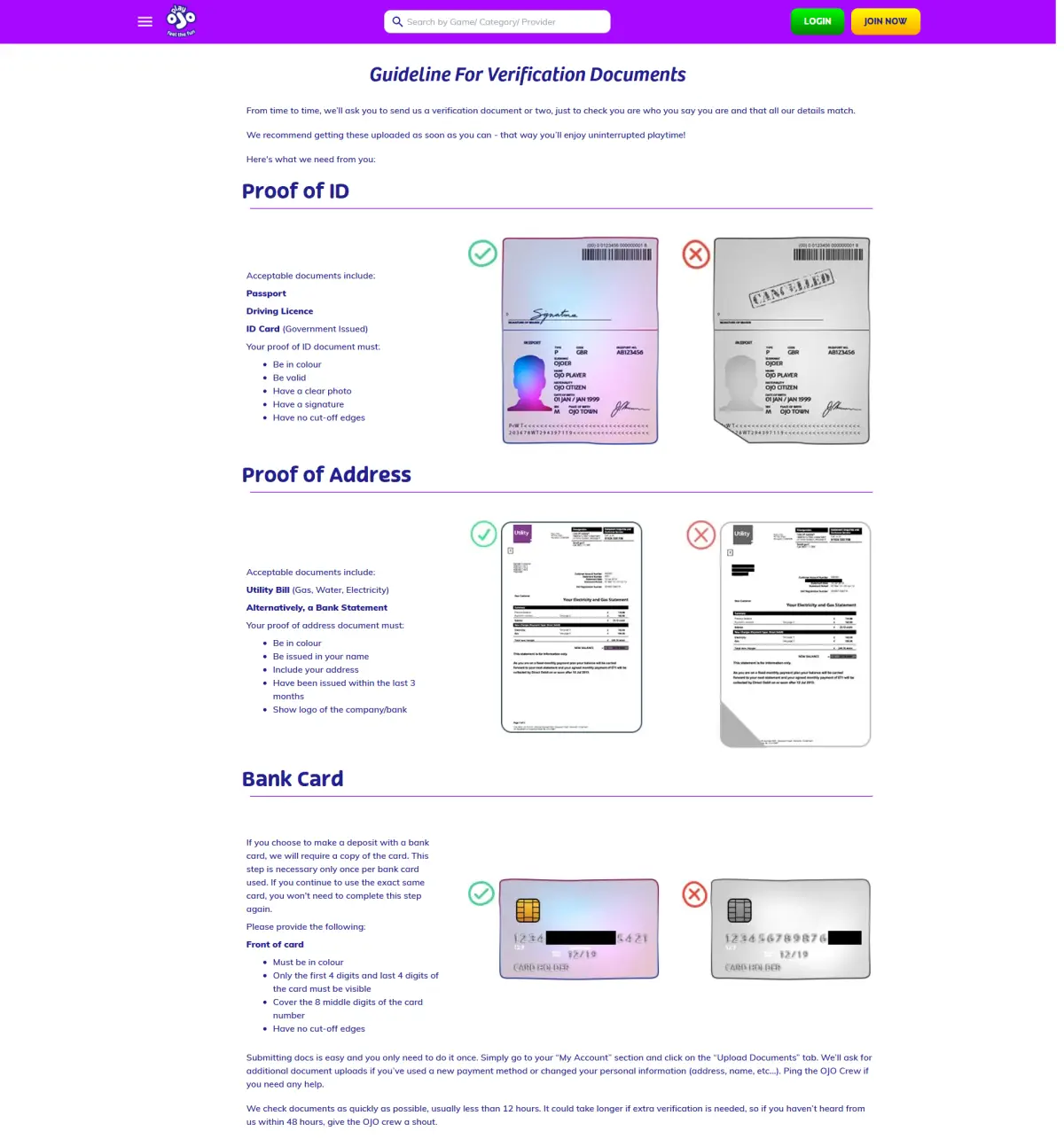 PlayOJO official verification guidance showing document upload or identity-check instructions