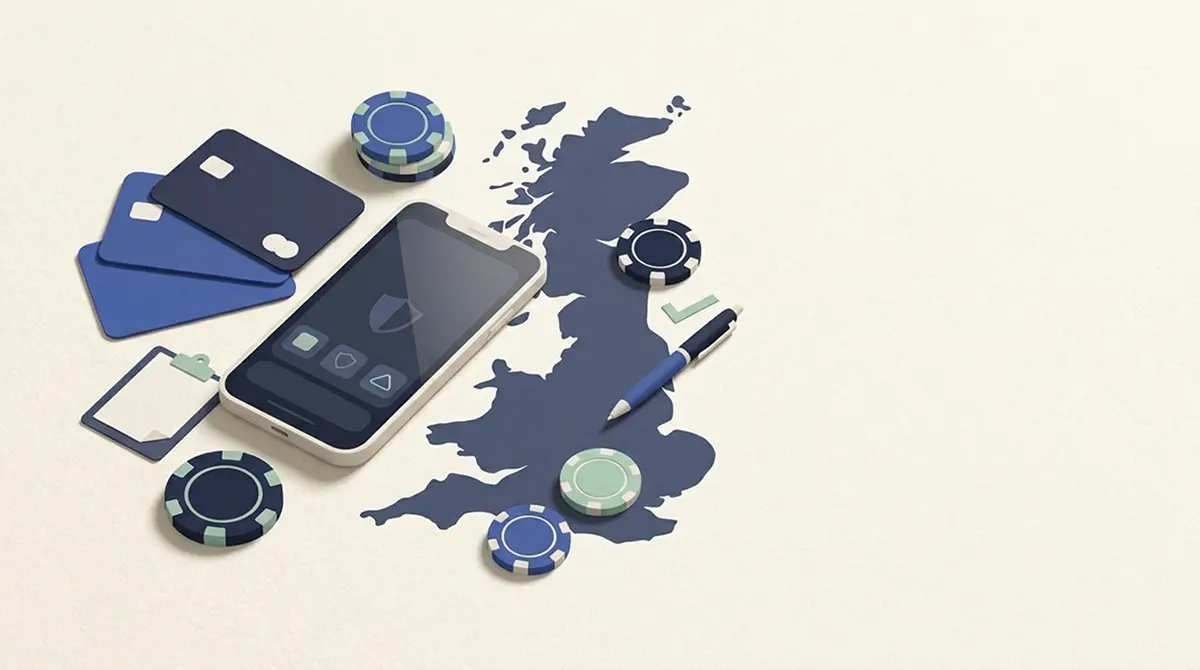 Editorial illustration of mobile casino play, payments, games and licensing in a UK context