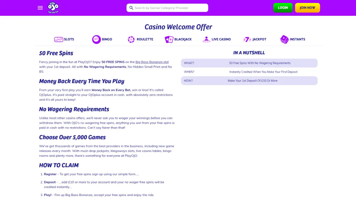 Current PlayOJO welcome offer page showing 50 free spins and no wagering